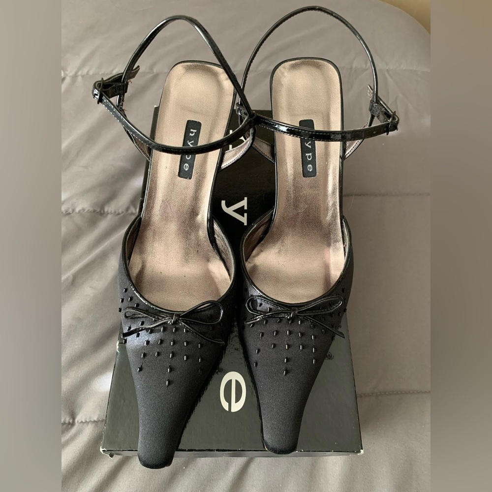 Hype Black Satin Beaded Ankle-Strap Heels